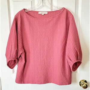 NEW LOFT Dusty Pink Puff Short Sleeve Stretch Wavy Knit Honeycomb Top LP NWOT
